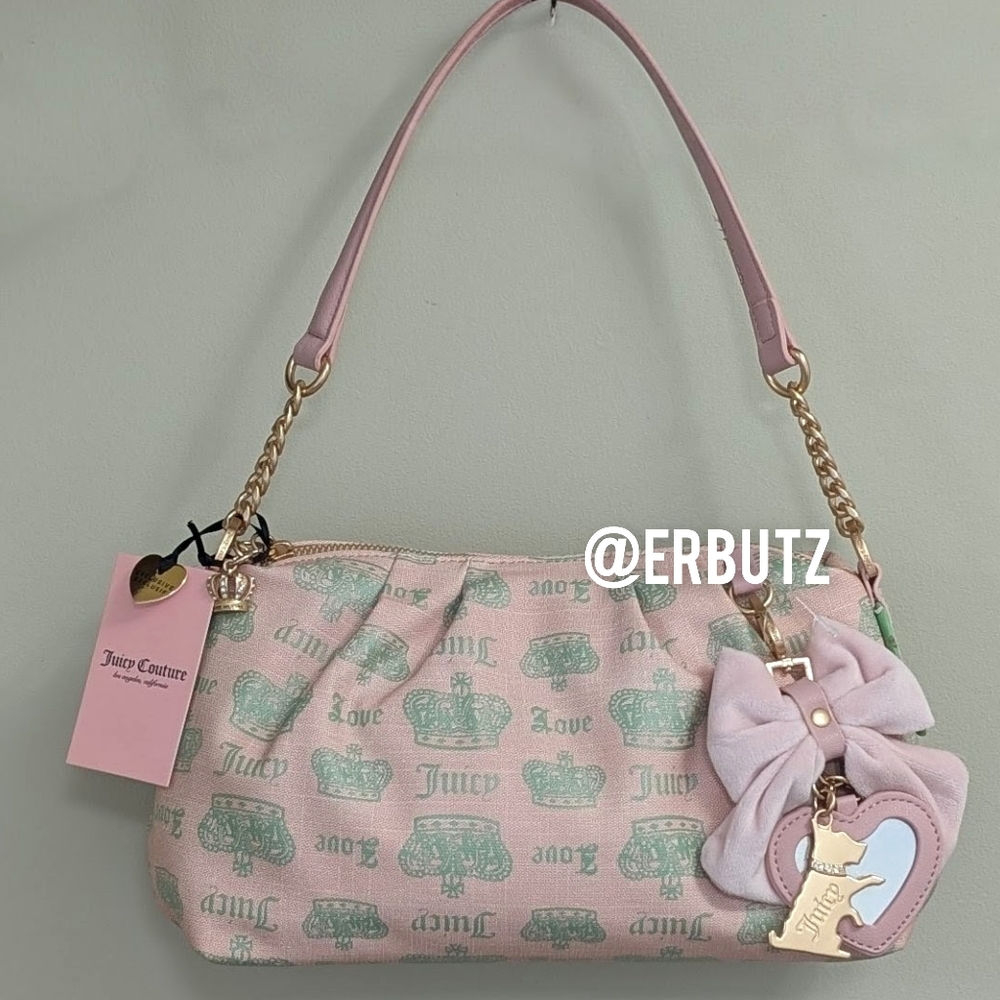 Juicy Couture Pink and Mint Green Logo Shoulder Bag with Bow Charm